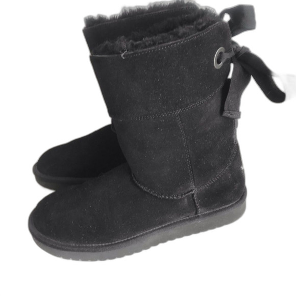 Koolaburra UGG Womens Andrah Tie Back Black Suede Sheepskin Boots Mid-Calf Sz. 8 - Picture 3 of 16